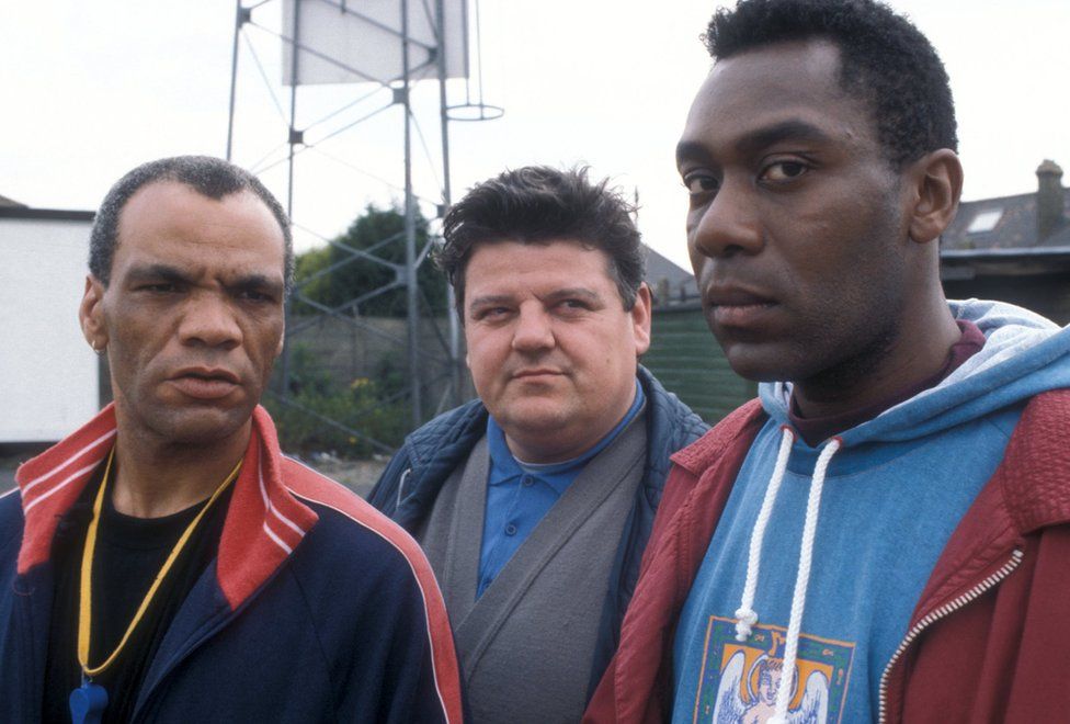 Paul Barber as Earl Preston, Robbie Coltrane as Liam Kane and Lenny Henry as Stevie Smudger Smith in Alive and Kicking