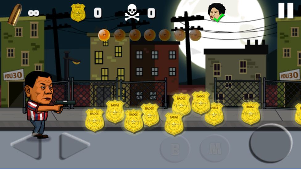 A screenshot of Tatay's "Duterte Fighting Crime 2" on the Google Play store shows a caricature of Mr Duterte wielding a pistol