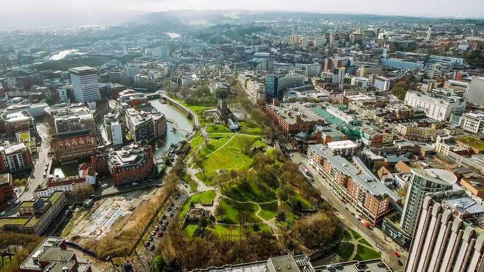 Aerial view and skyline of Bristol City Centre in England