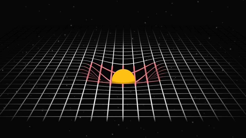 Representação da curvatura que o Sol causa no espaço-tempo