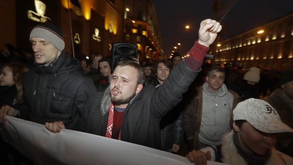 People protest against the "social parasites" tax in Minsk, Belarus. Photo: 17 February 2017