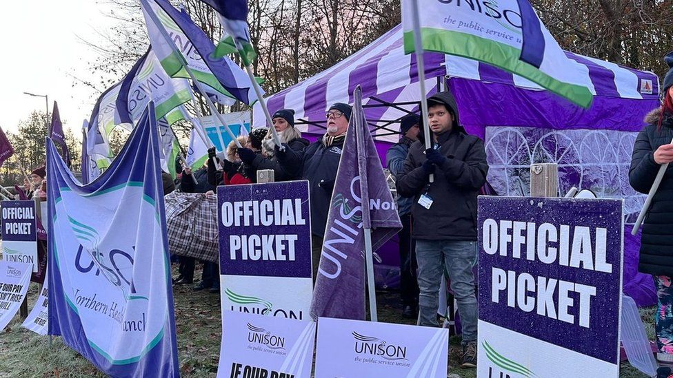 Strikers holding Unison flags