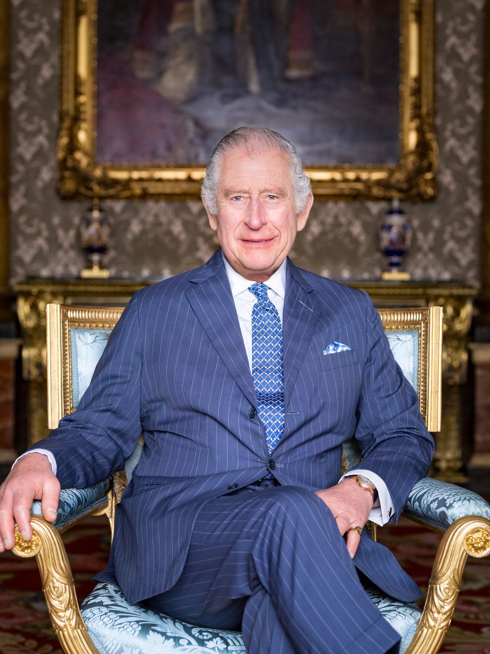 The new photos of the King were taken in the Blue Drawing Room at Buckingham Palace
