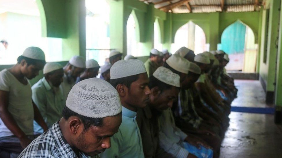 Rohingya Muslim refugees pray at mosque in Ukhia camp - 24 March