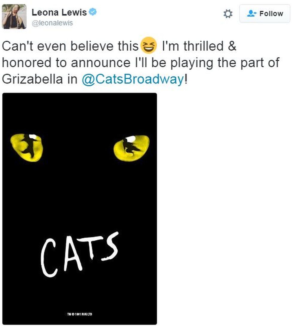Leona Lewis: Can't even believe this😆 I'm thrilled & honored to announce I'll be playing the part of Grizabella in @CatsBroadway!