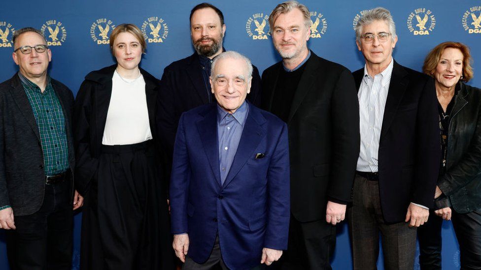 Martin Scorsese (front) with some of this year's other best picture directors, including Christopher Nolan (centre right) and Greta Gerwig (left), representing Barbie at the Oscars, but notably not nominated for best director
