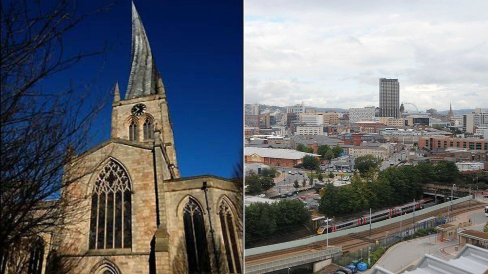 St Mary's Church in Chesterfield and Sheffield skyline