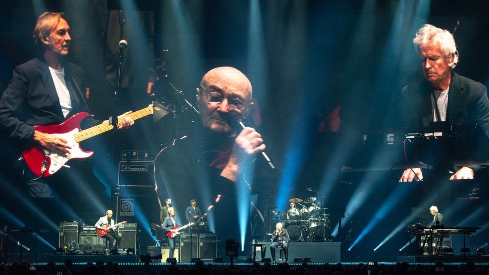Mike Rutherford, Phil Collins and Tony Banks of Genesis perform on stage during The Last Domino Tour? tour at the SSE Hydro in Glasgow on 7 October 2021