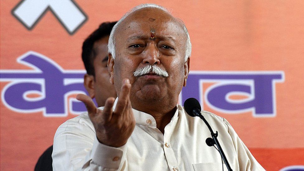 Rashtriya Swamsevak Sangh (RSS) Chief Mohan Bhagwat during a press conference on the Supreme Court verdict in the Ayodhya Ram Janambhoomi-Babri Masjid land title suit case, at Keshav Kunj, on November 9, 2019 in New Delhi, India