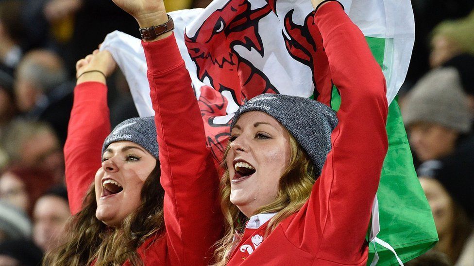 Two Welsh rugby fans celebrate