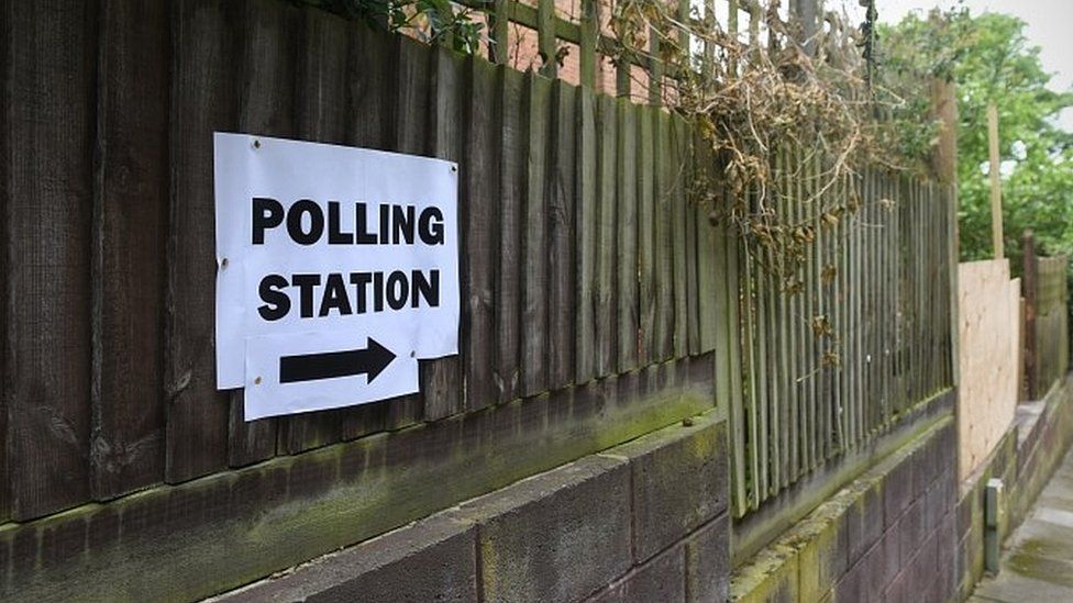 Sign pointing to polling station during 2017 general election
