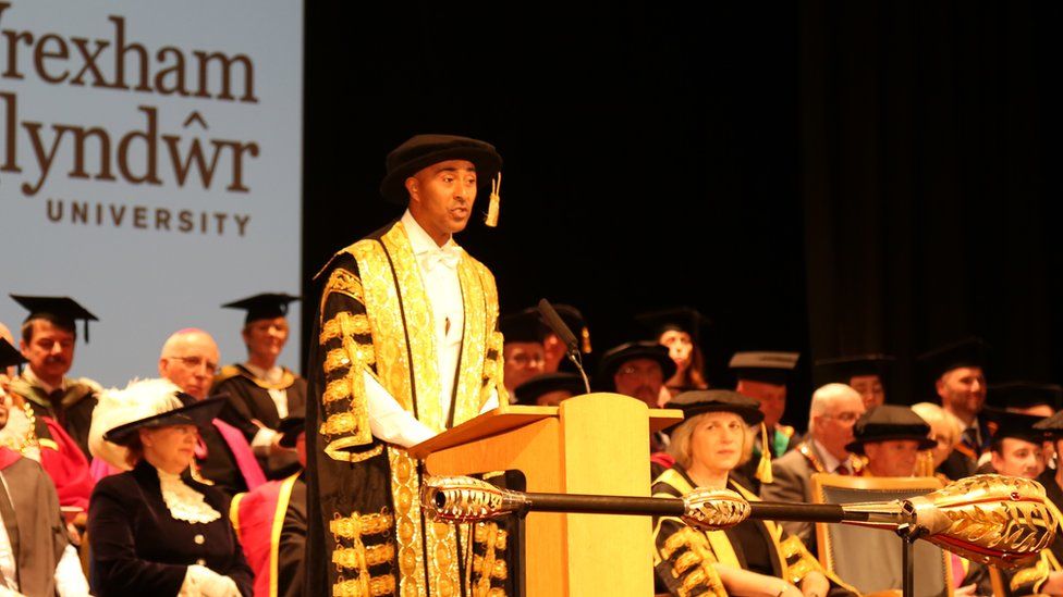 Colin Jackson at the ceremony at Wrexham Glyndwr University