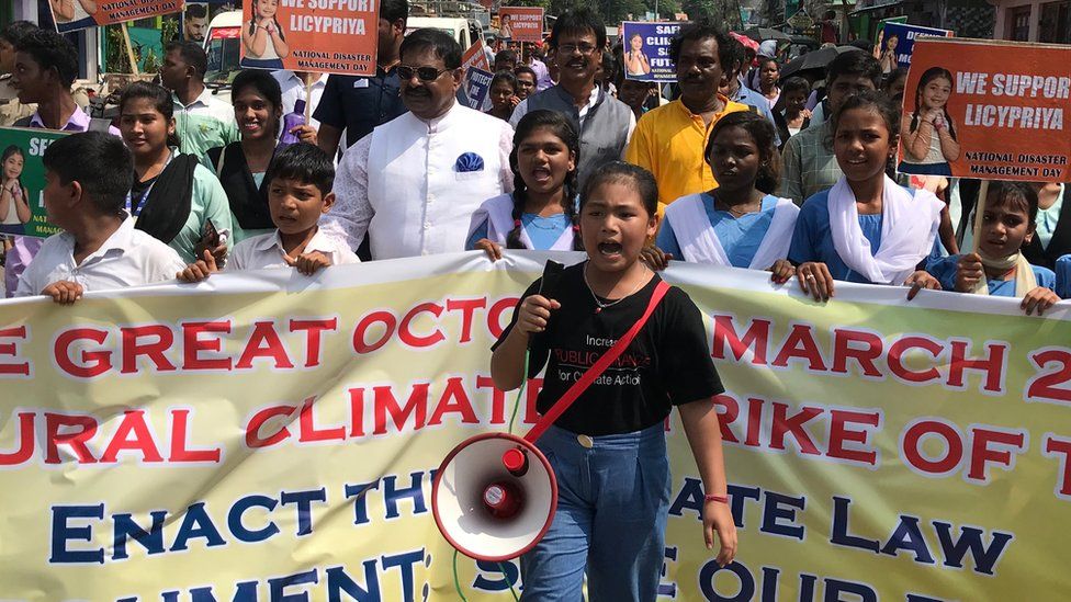 Licypriya Kangujam leads a climate change demonstration - the Great October March - in the eastern Indian state of Odisha, in 2019
