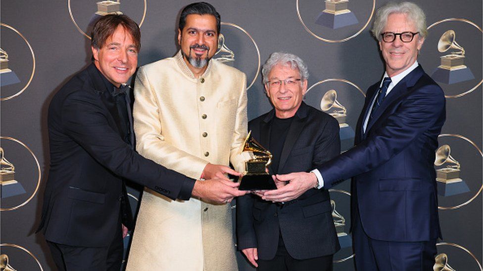 Lonnie Park, Ricky Kej, Herbert Waltl, and Stewart Copeland, winners for Best Immersive Audio Album for "Divine Tides" pose in the press room during the 65th GRAMMY Awards Premiere Ceremony at Microsoft Theater on February 05, 2023