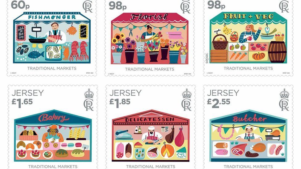 Six stamps based on St Helier markets