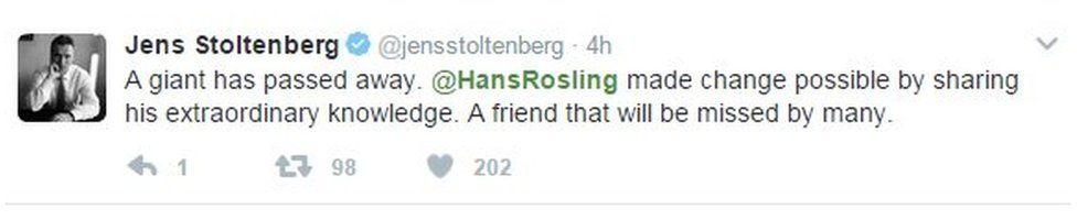 Tweet: A giant has passed . Hans Rosling made change possible by sharing his extraordinary knowledge. A friend that will be missed by many
