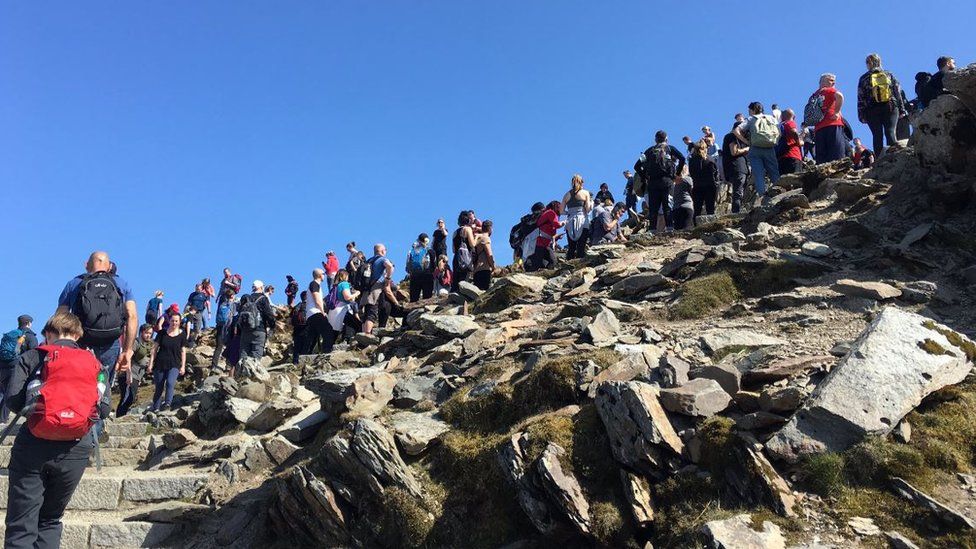 A queue of people on Mount Snowdon