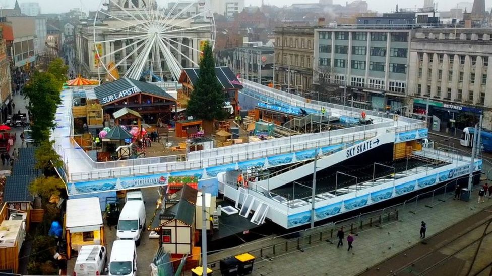 Drone images show Nottingham's winter wonderland and aerial rink BBC News