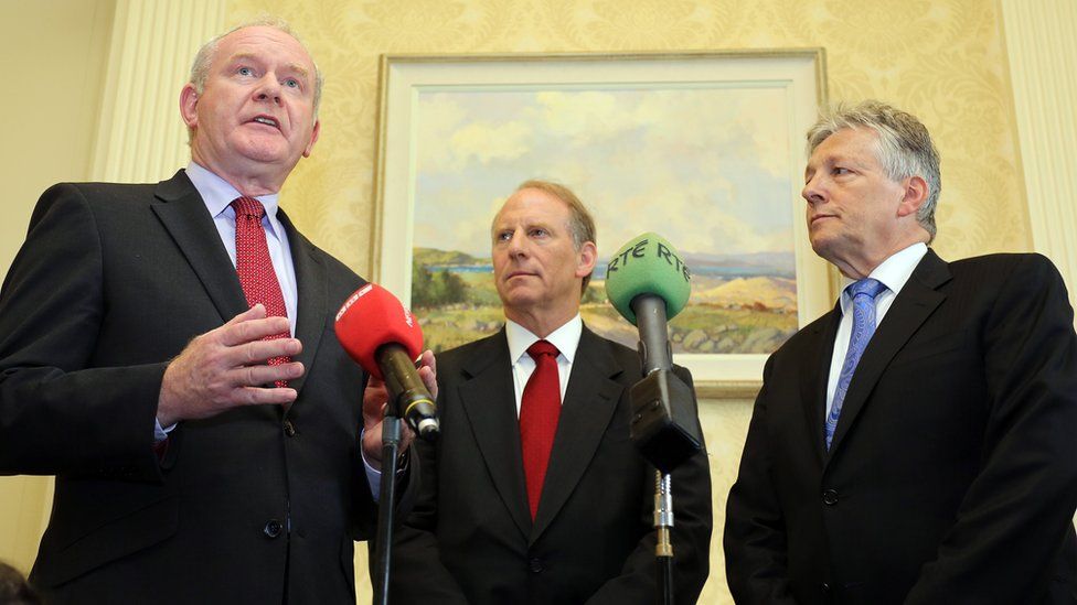 McGuinness and Robinson during a press conference at Stormont Castle in 2013