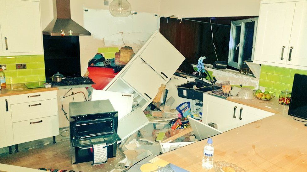 The kitchen in Northfield damaged by the crash