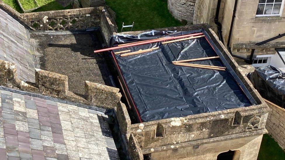 A church roof with missing lead