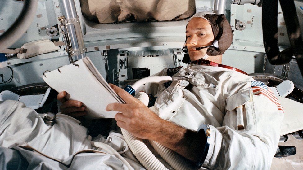 Command Module pilot Michael Collins practices in the CM simulator at the Kennedy Space Centre ahead of the Apollo 11 moon landing mission