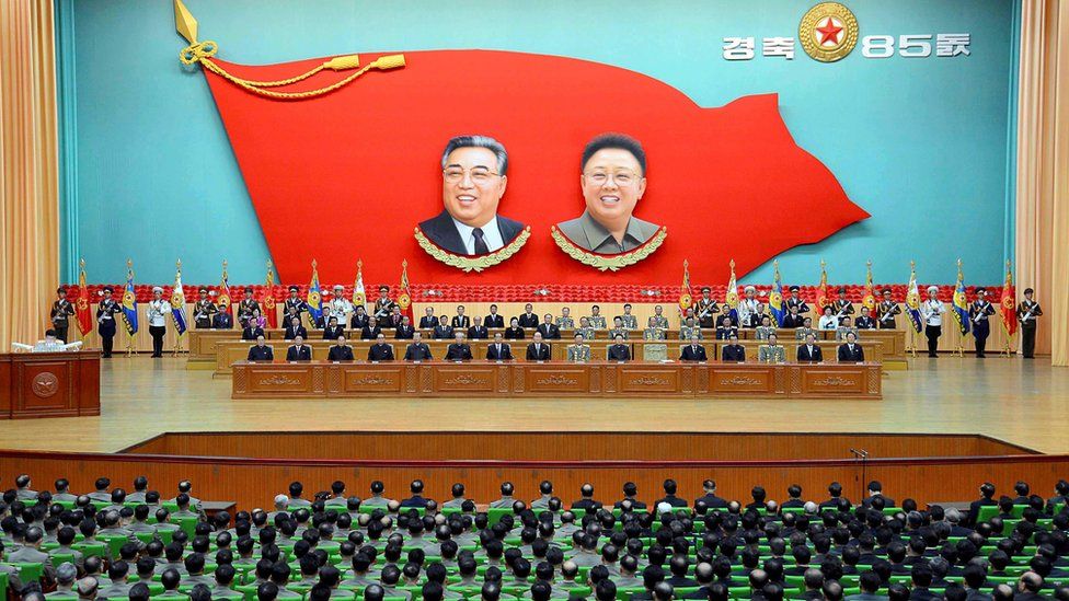 A national meeting at the People's Palace of Culture in Pyongyang to celebrate the 85th anniversary of the founding of the military
