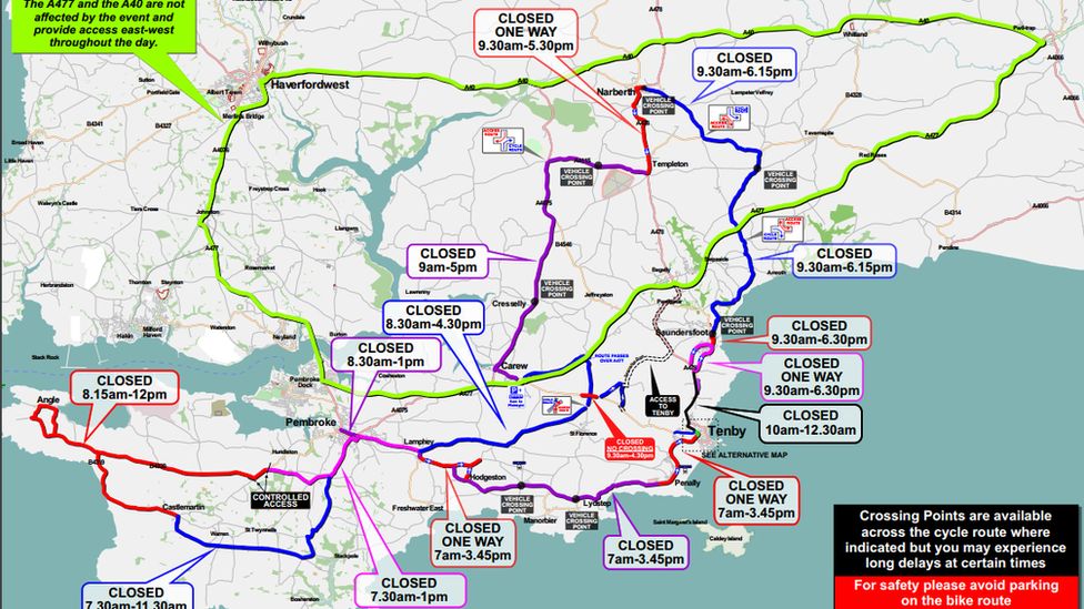 Map of road closures around Pembrokeshire on Sunday, 9 September for Ironman Wales event