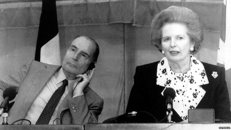 Margaret Thatcher and Francois Mitterand at a 1990 meeting in Buckinghamshire