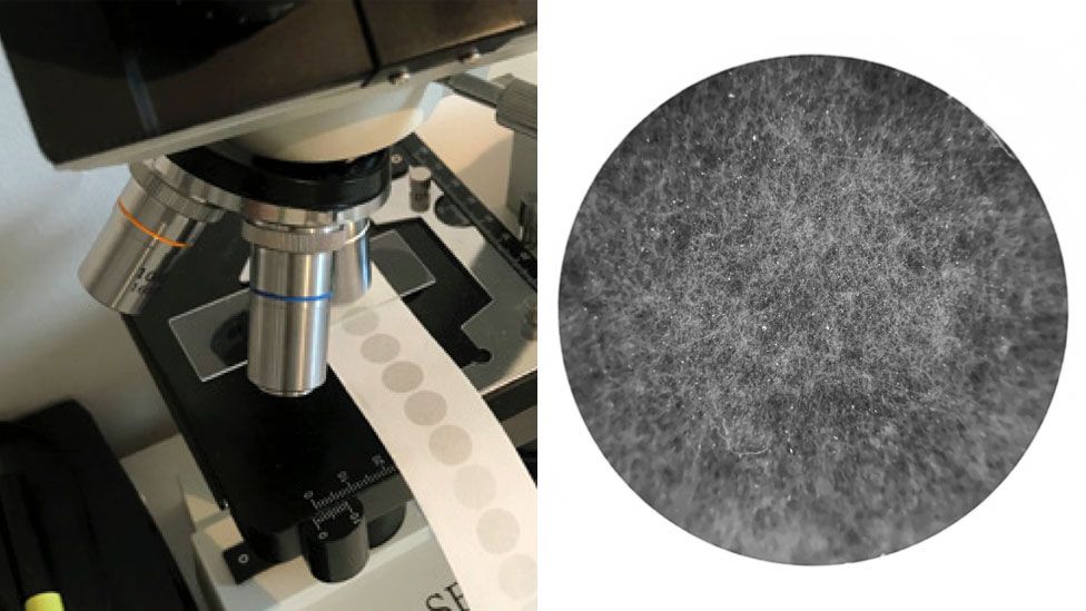 Составное изображение микроскопа с образцом загрязнения воздуха и цифровое фото образца загрязнения воздуха