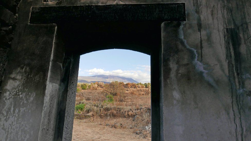 Mount Etna viewed from Sebastiano Blanco's burnt out house