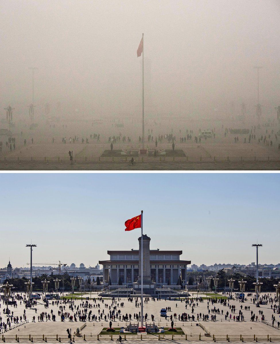 Top: Tiananmen Square is seen in heavy pollution, 1 December 2015 and 24 hours later under a clear sky on 2 December