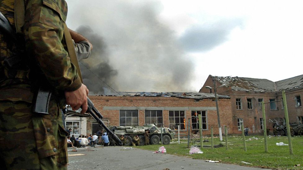 After the explosions a fire destroyed the gym at Beslan School No 1