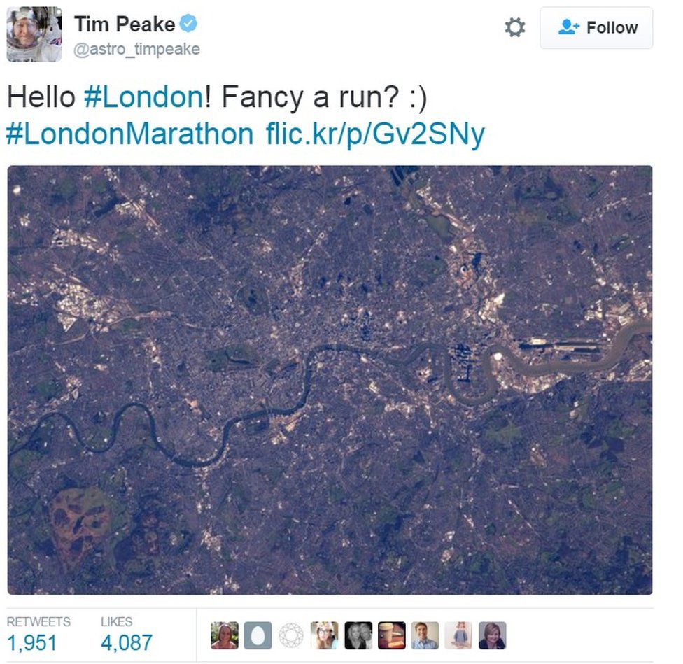 Tim Peake tweets a message about the marathon from space