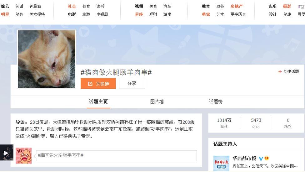The main link to the Sina Weibo trend showing a crying cat