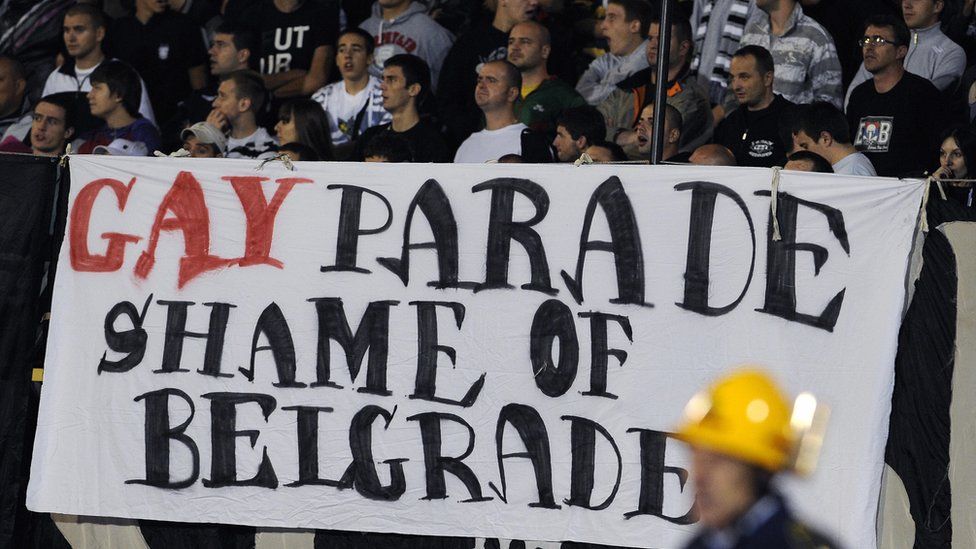 A banner referring to the upcoming gay pride parade is displayed amongst supporters of Partizan Belgrade FC, 17 September 2009.