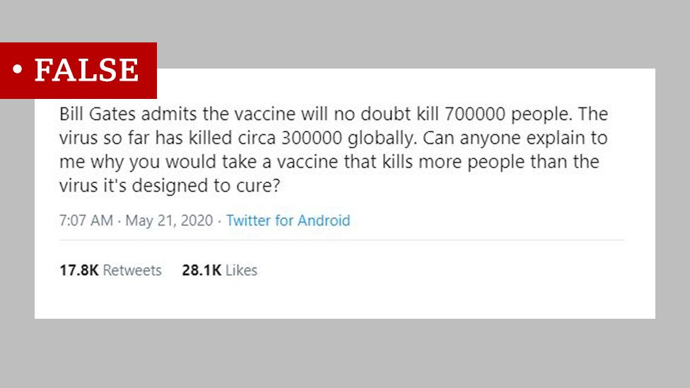 False claim in a Tweet about Bill Gates' comments regarding the side-effects of any future vaccine