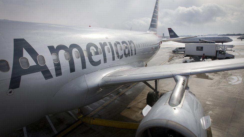 American Airlines plane seen above. The airline is experiencing issues at three airports in the US.