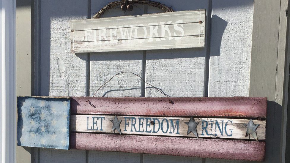 The offices at Patriotic Fireworks, sign says: 'Let Freedom Ring'
