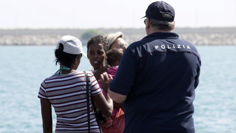 Migrant women and children land at Pozzallo, Sicily, 15 July 2018