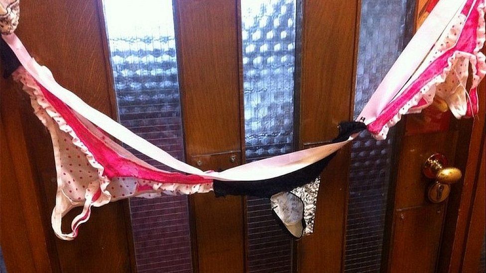 Image of lingerie on Sir Christopher Chope's office door - supplied to PA by fellow MP Caroline Lucas