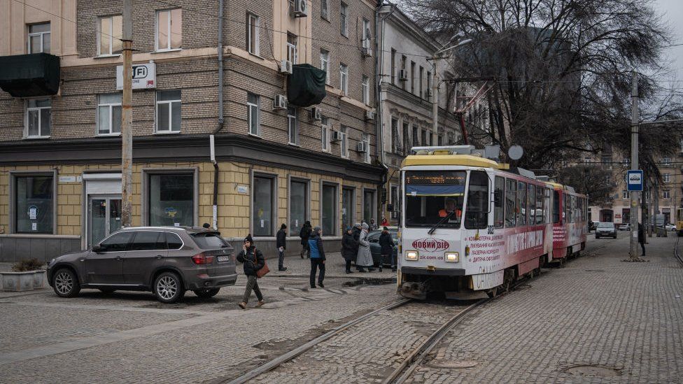 A tram is seen on the street as daily life continues amid Russia-Ukraine war in Dnipro, Ukraine on February 28, 2023.