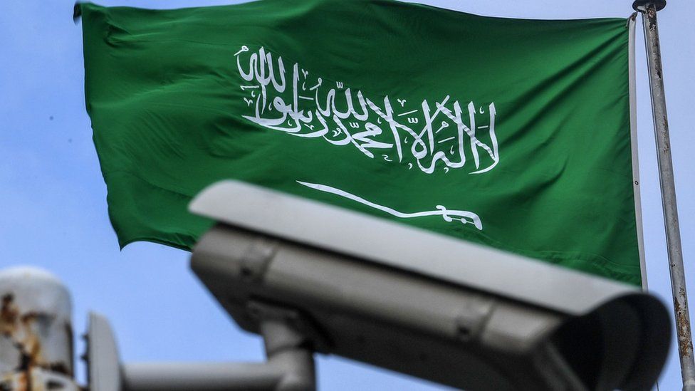 A Saudi flag flutters near a security camera on top of the Saudi consulate in Istanbul. 11 October 2018