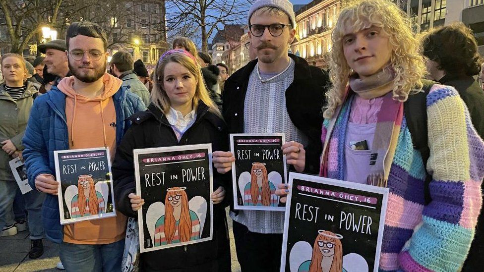 Members of the public attend a a candle-lit vigil at Belfast City Hall, in memory of transgender teenager Brianna Ghey, who was fatally stabbed in a park on Saturday