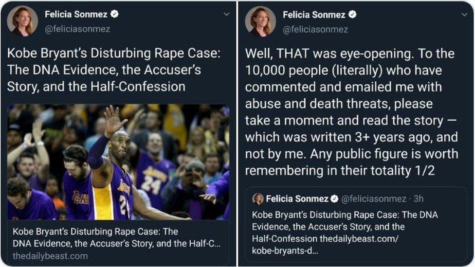 Felicia Sonmez tweets about Kobe Bryant, which she later deleted