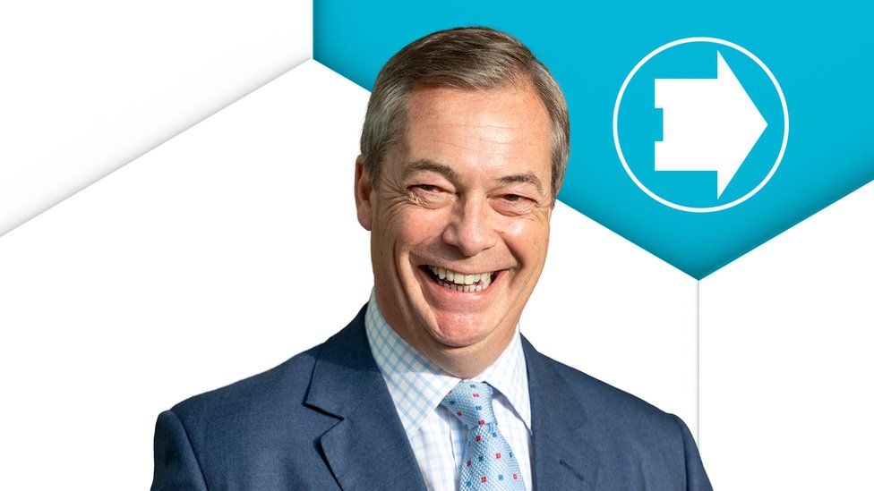 Nigel Farage in front of the Brexit Party emblem