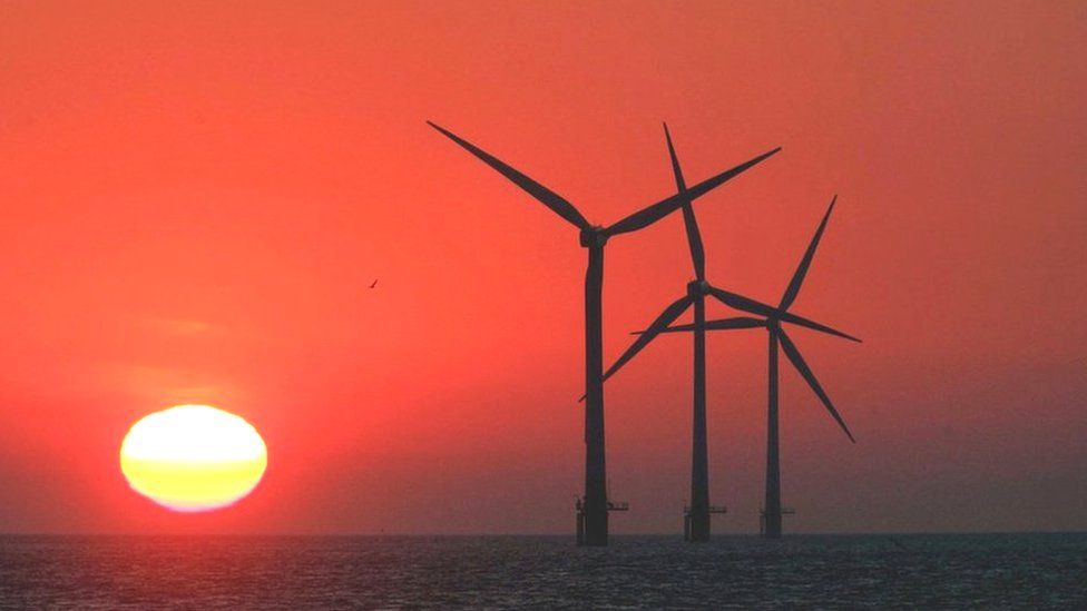 Offshore wind turbines dramatic red sunset
