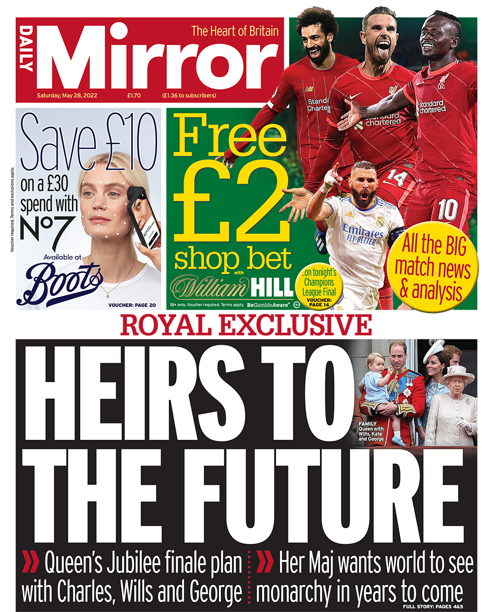 The Mirror сообщает о планах финала празднования юбилея, в котором примут участие принцы Чарльз, Уильям и Джордж. Заголовок гласит: «Наследники будущего».