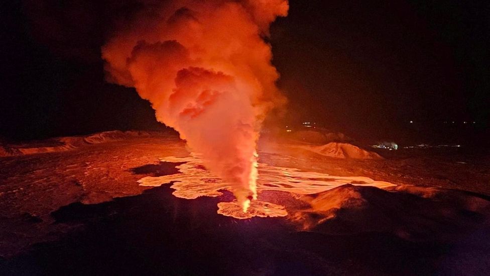 A volcano spews lava and smoke as it erupts on Reykjanes Peninsula, Iceland, February 8, 2024.