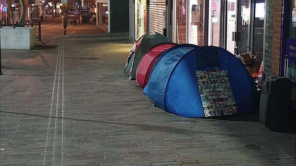 Tent of homeless people in Abington Street, Northampton